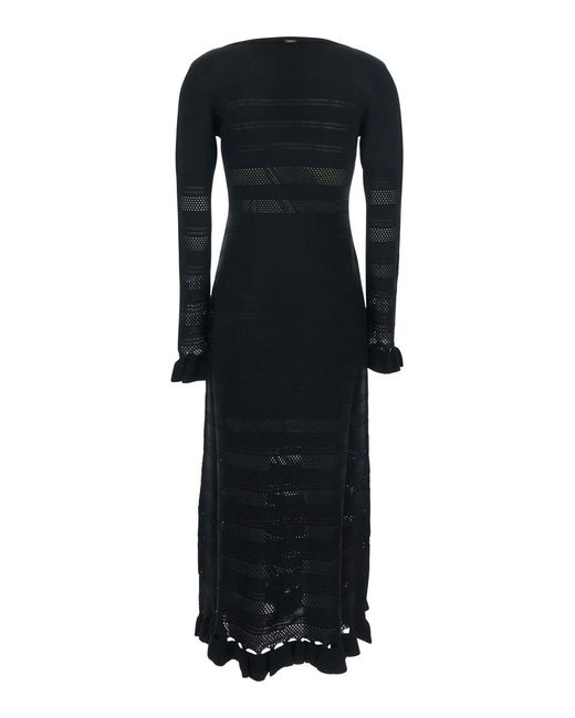 Twinset Black Long Dress With Ruffles And Perforated Design Viscose Polyamide