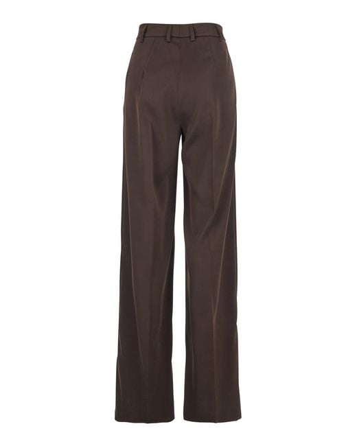 Le Plain Brown Satin Tailored Pants With Front Pleats For Polyester Trousers