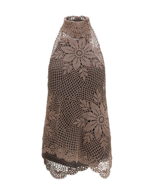 Magda Butrym Brown Crochet Lace High-Neck Top Cotton