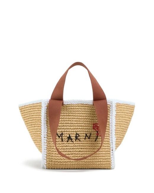 Marni Brown Logo-embroidered Woven Tote Bag