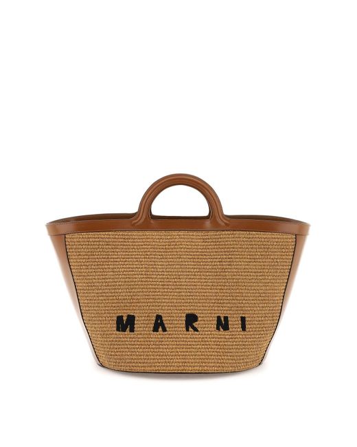 Marni Brown Tropicalia Leather And Raffia Tote Bag