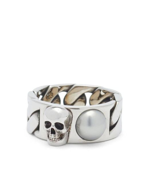 Alexander McQueen White Pearl And Skull Chain Ring for men