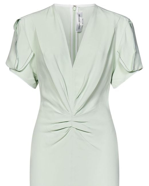 Victoria Beckham Green Gathered V-Neck Midi Dress Midi Dress