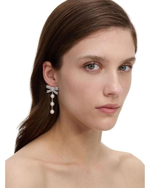 Self-Portrait White Drop Earrings With Bow And Pearls, Metal