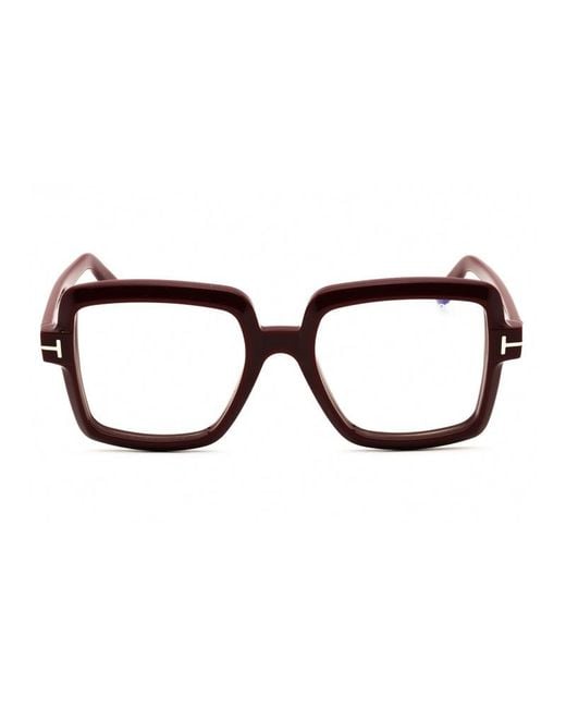 Tom Ford Brown Eyeglasses Square Full Rim, Shiny Frame And Clear-Light Block Lenses Lens Ft5913-B001