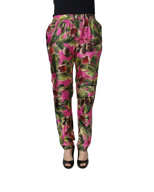 Dolce & Gabbana Fuchsia Fig Fruit Leaf Tapered Trouser Pants