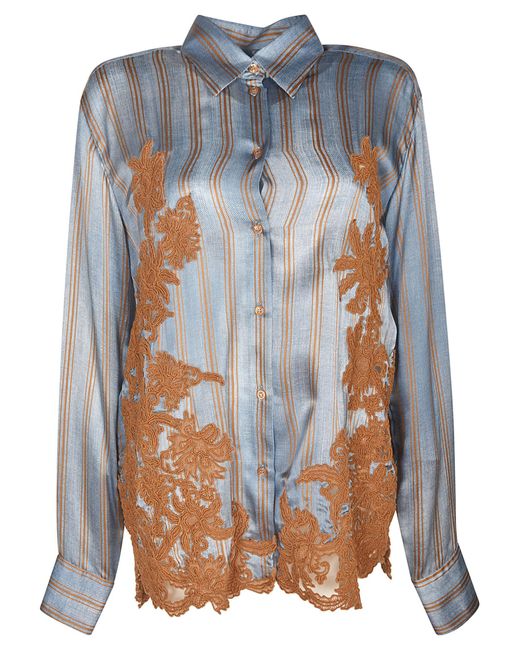 Ermanno Scervino Blue Floral Embroidery Striped Shirt