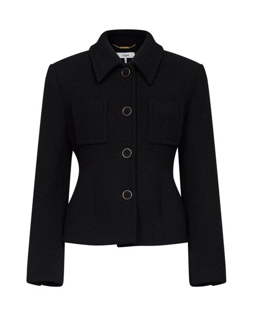 Chloé Black Tweed Jacket With Lined Interior And Belted Back