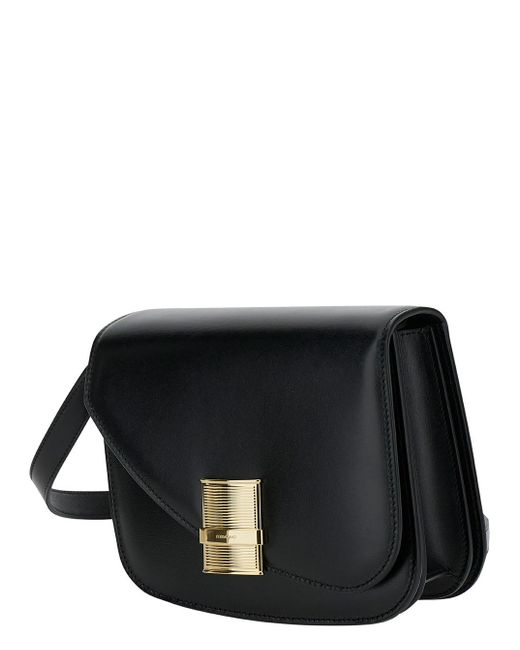Ferragamo Black 'Fiamma S' Shoulder Bag With Logo Detail And Oblique Flap