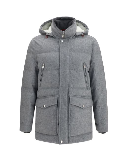 Brunello Cucinelli Gray Down Jacket Cashmere Light-Lead/Lead Padded for men