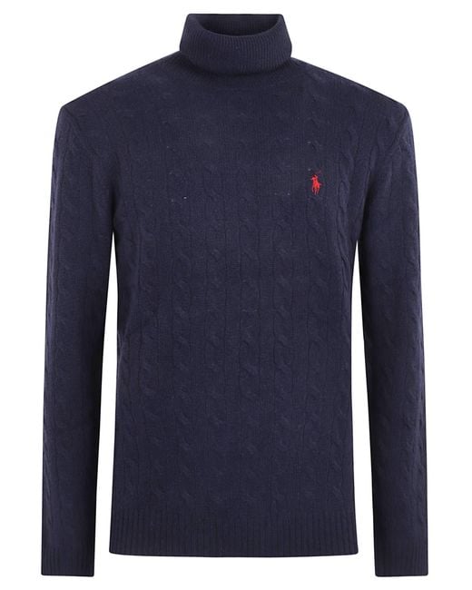 Ralph Lauren Blue Turtleneck Cable Knit Logo Embroidery Jumper for men