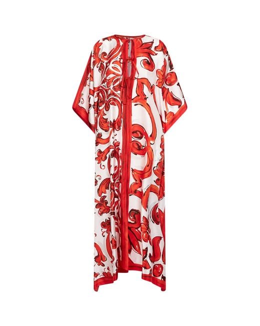 Dolce & Gabbana Red Kaftan Dress Majolica Print Cotton