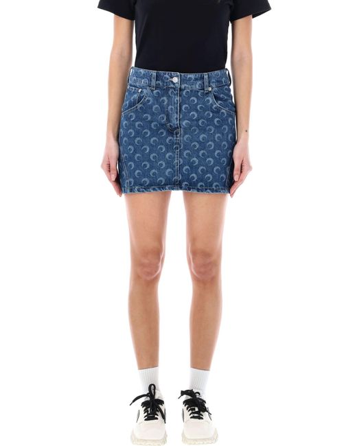 MARINE SERRE Blue Moon Print Denim Mini Skirt