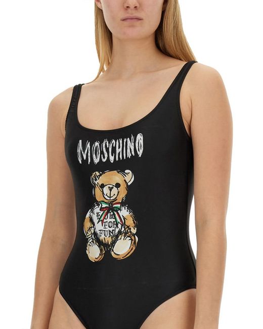 Moschino Black "drawn Teddy Bear" One-piece Swimsuit