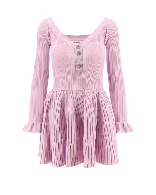 Self-Portrait Pink Self Portrait Ribbed Knit Mini Dress With Jewel Buttons
