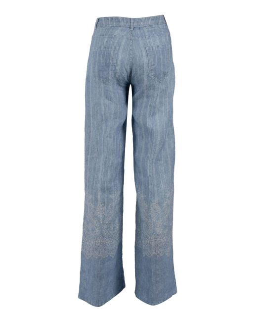 Ermanno Scervino Blue Wide-Leg Linen Pants With Floral Hem Embroidery