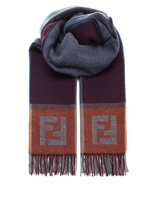 Fendi Blue Logo Intarsia Fringed Scarf for men