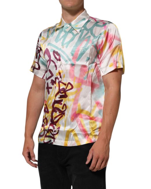 Dolce & Gabbana Red Silk Hawaiian Graffiti Print Casual Shirt for men