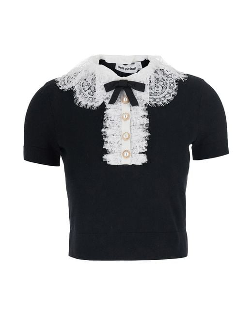 Self-Portrait Black Top With Lace Collar, Wool Tops