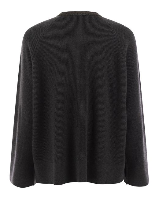 Brunello Cucinelli Black Ribbed Cashmere Sweater With Necklace