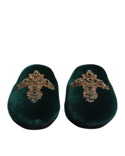 Dolce & Gabbana Green Velvet Cross Embellished Slippers Shoes for men