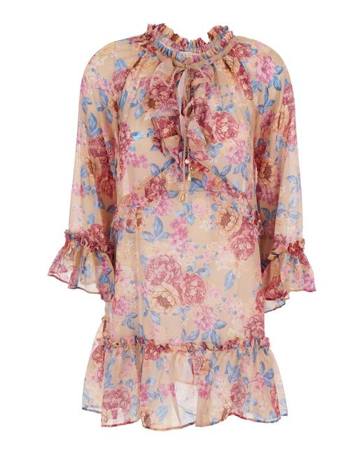 Anjuna Pink Short Kaftan Dress With Ruffled Sleeves And All-Over Floral Motif