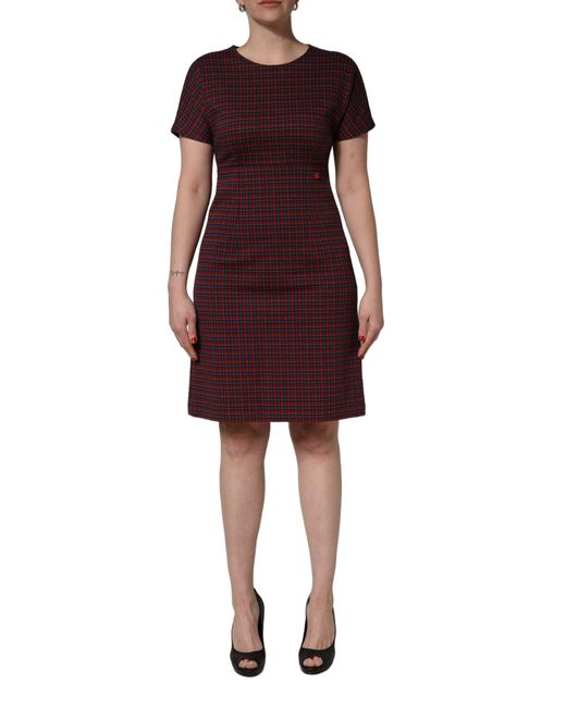 Dolce & Gabbana Black Checkered Shortsleeve Sheath Dress And Cotton Polyester Elastane