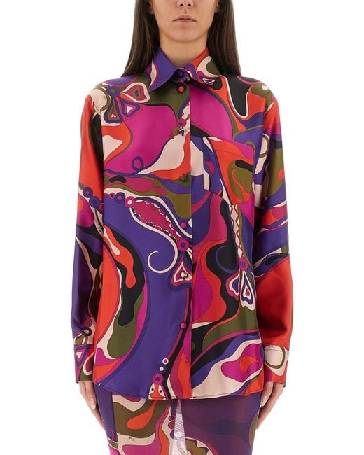 Emilio Pucci Red Orchid Print Shirt Silk
