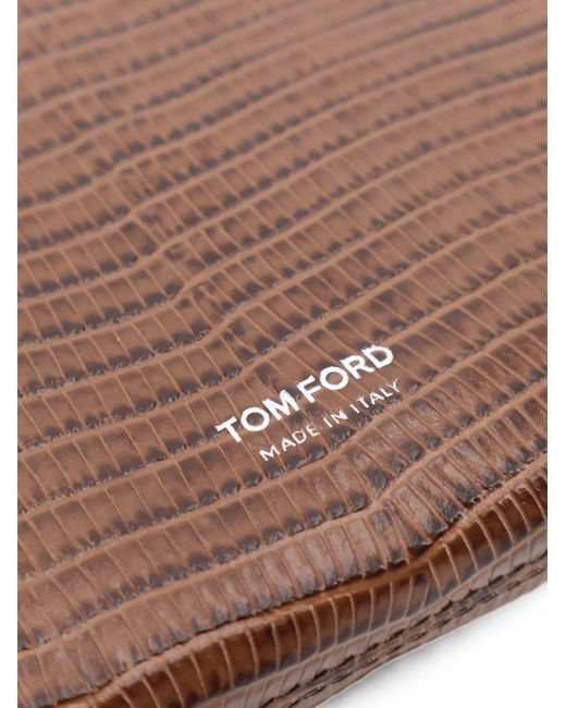 Tom Ford Brown Caramel-Colored Lizard-Printed Calf Leather Minimal Clutch With Wrist Strap for men