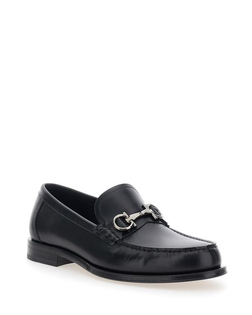 Ferragamo Black Loafers With Gancini Metal Detail On The Front for men