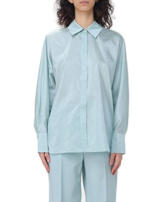 Max Mara Studio Blue Clan Buttoned Long-sleeved Top