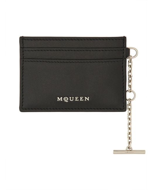 McQueen Black Leather Card Holder Sling Main: Wallets & Purses