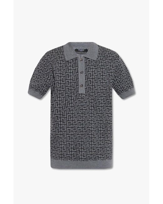 Balmain Gray Monogram Jacquard Knitted Polo Shirt for men