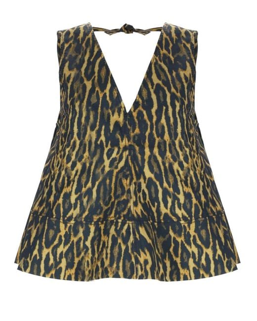 Ganni Green Leopard Print Top Organic Cotton Elastane Tops
