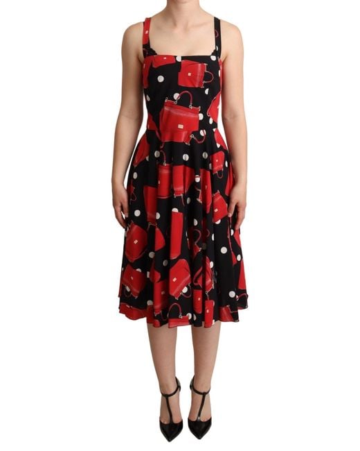 Dolce & Gabbana Red Sicilian Bag Print Sleeveless Midi Dress