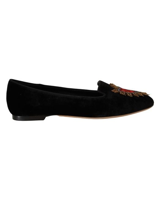Dolce & Gabbana Black Velvet Dg Heart Loafers Flats Shoes