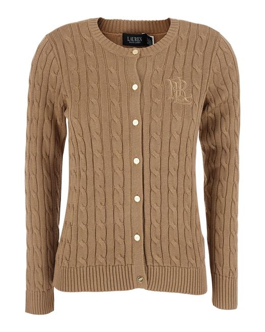Ralph Lauren Brown Crew Neck Cardigan Cable Knit Cotton Top