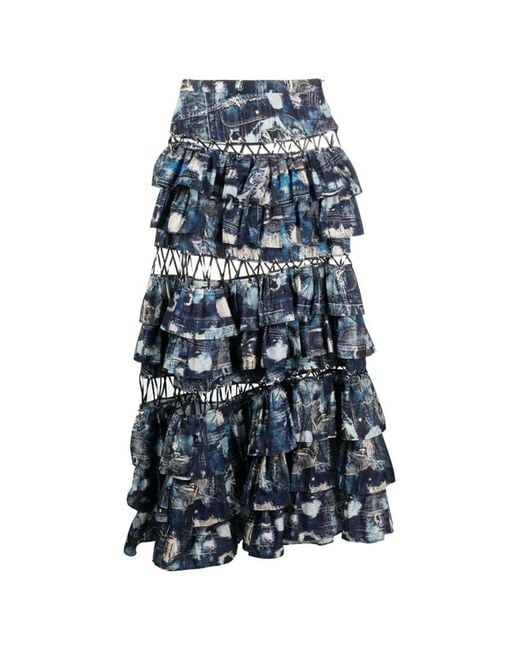John Richmond Blue Long Skirt With Flounces And Iconic Runway Denim-Effect Pattern