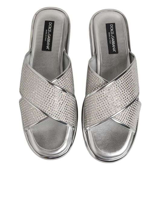 Dolce & Gabbana Gray Silver Strass Slides Flats Slippers Shoes for men