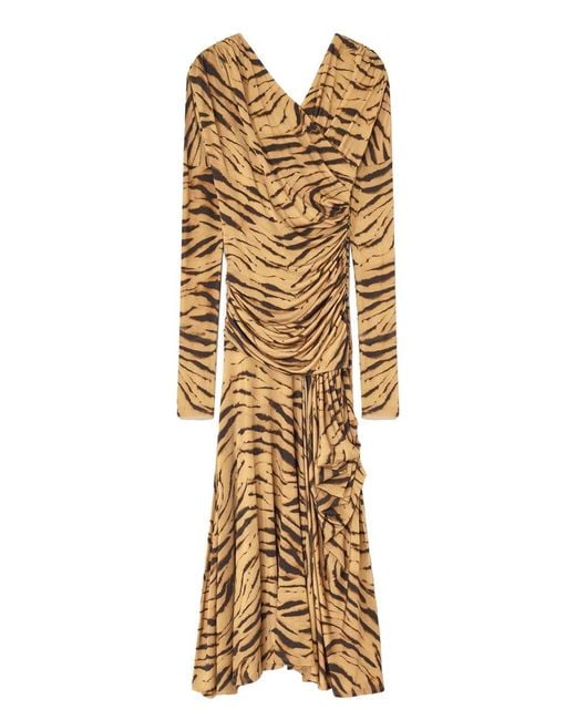 Ganni Metallic Long Dress With Zebra Print Viscose Elastane