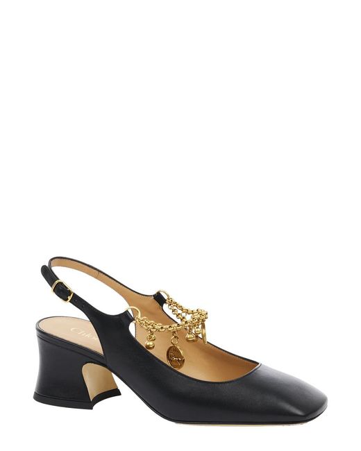 Chloé White Chloã Pumps With Decorative Logo Charm And Wide Heel