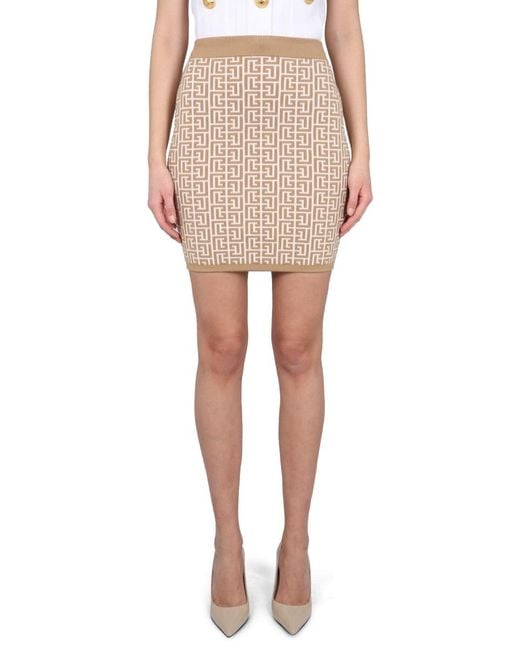 Balmain Natural Mini Skirt With Elastic Waistband Wool