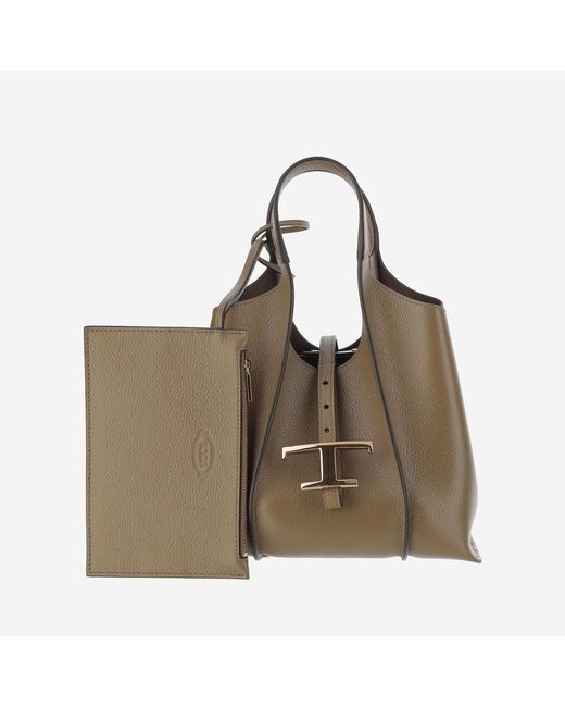 Tod's Brown Leather T Shopping Bag Calfskin Handbags