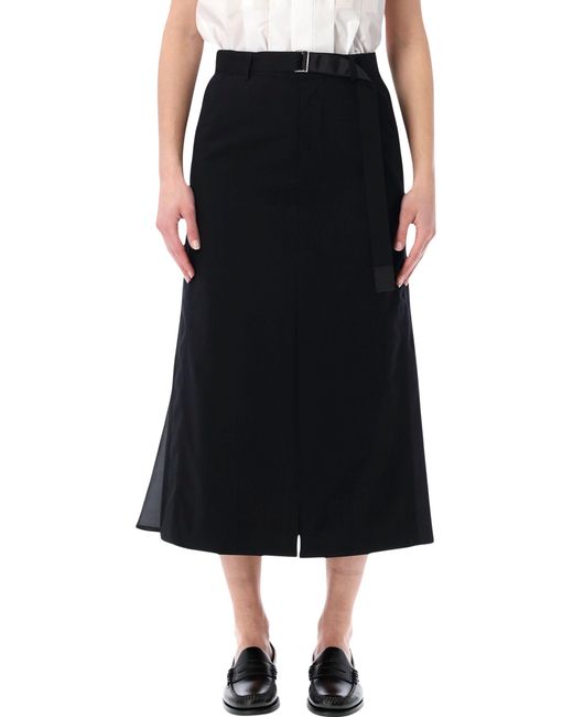 Sacai Black Wool Pleated Midi Skirt Attached Parts