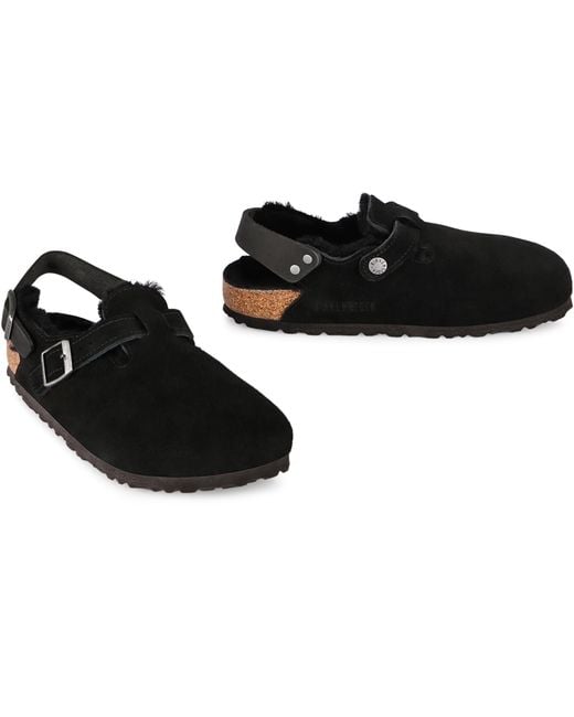 Birkenstock Black Tokio Leather & Fur Slippers