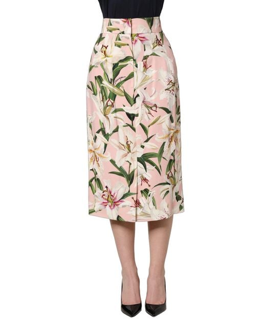 Dolce & Gabbana Green Lilium Print High Waist Pencil Skirt Silk Elastane