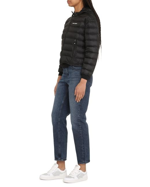 Palm Angels Black Hooded Full-Zip Down Jacket Elastane Puffer