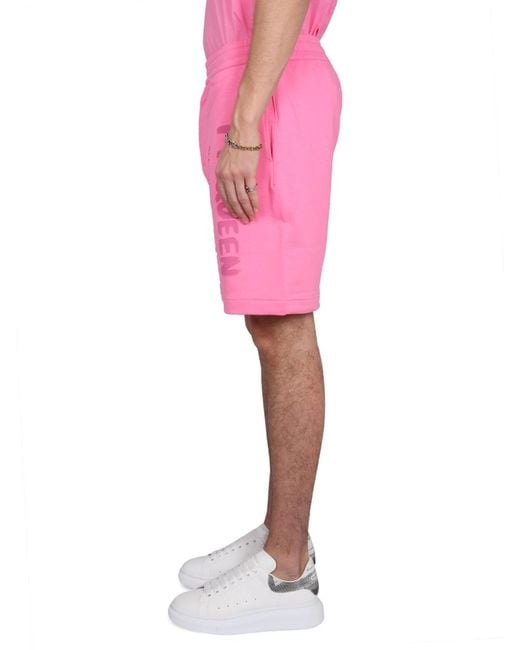 McQueen Pink Bermuda Shorts With Graffiti Logo Print Cotton for men