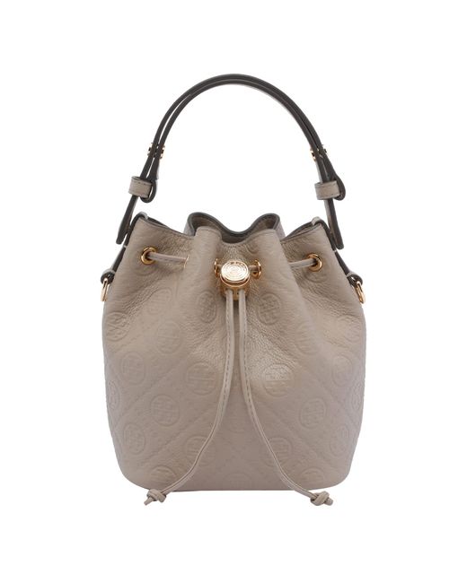 Tory Burch Gray Mini T Monogram Pebble Bucket Bag