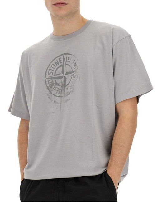 Stone Island Gray Compass Printed Crewneck T-shirt for men